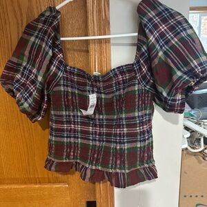 🚨NWT🚨American Eagle Outfitters Multicolor Plaid Puff Sleeve Blouse